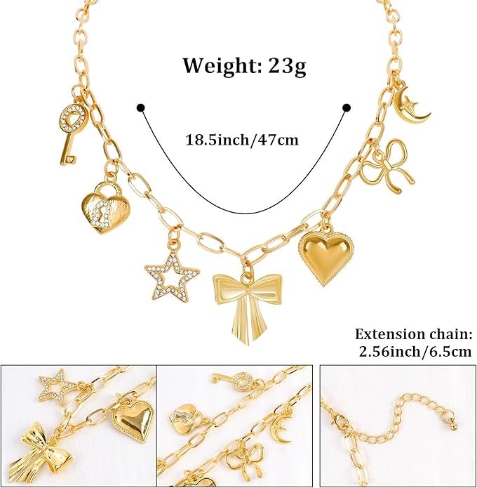 [3 Trendy Styles] Women's Necklaces - Alloy with Glass Crystals & Pearls, Electroplated O - Link Chain, Mermaid Inspired by Fantasy Aesthetics/Bow with Y2K Sweet Charm/Cherry Fruit in the Latest Kawaii Vibe, 47cm(18.5in) Chain Length + 6.5cm(2.55in) Ex...
