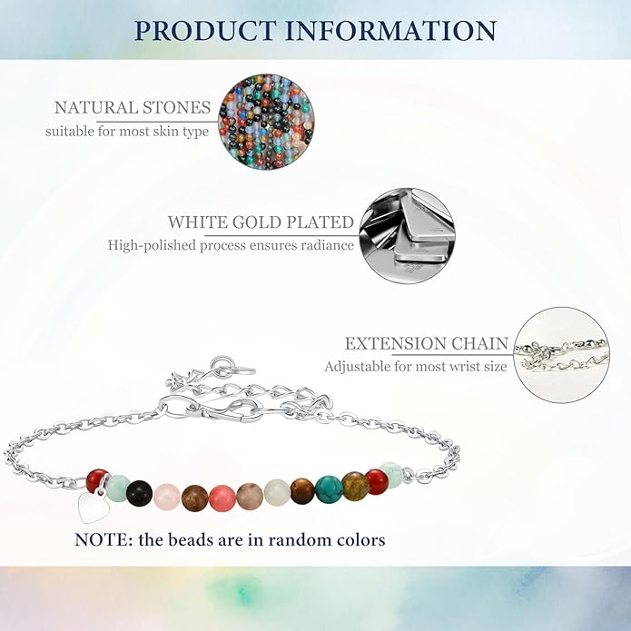 Birthday Gift for 9-16 Year Old, Small Natural Stone Beaded Bracelet Adjustable Heart Charm Bracelet for Daughter Granddaughter Sister Niece Friend on Birthday Graduation with Message Card Gift Box