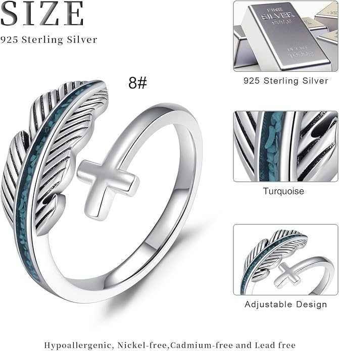 Turquoise/Moss Agate/Moonstone/Black Onyx/Lapis Lazuli/Labradorite/Tiger Eye Feather Ring 925 Sterling Silver Adjustable Ring Western Thumb Rings Vintage Jewelry Gifts for Women