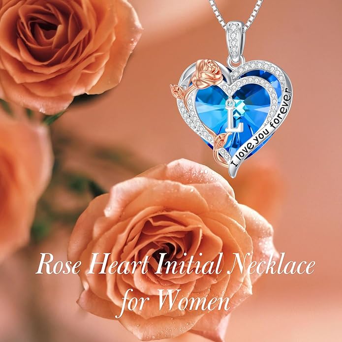 PELOVNY Rose Heart Initial Necklaces for Women S925 Sterling Silver Alphabet Letter Crystal Necklace Initial Pendant Jewelry Gifts for Mom Daughter Wife