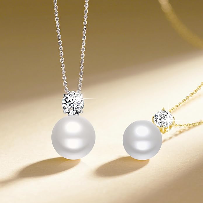 SUNFEEL 925 Sterling Silver Pearl Necklaces for women 14K Gold Plated 5A CZ 10MM/12MM Single Pearl Pendant Necklace Gifts for Her Mom Wife Girlfriend Engagement Wedding Birdal Christmas Trendy Jewelry