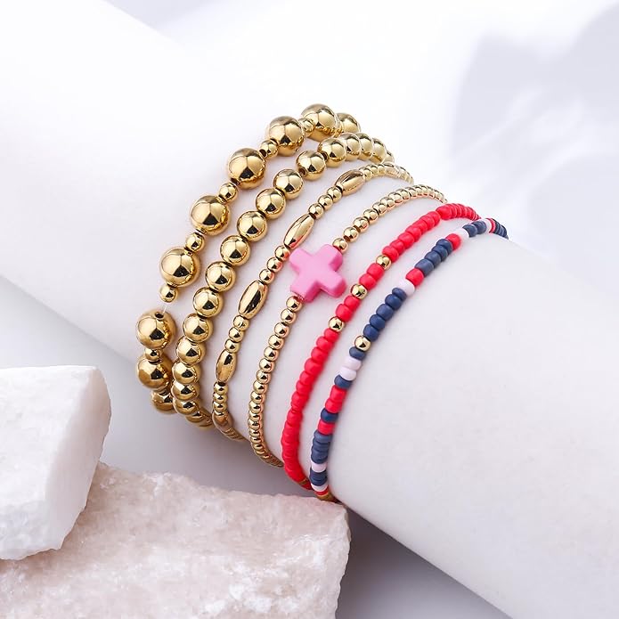 Gold Bracelets for Women Waterproof, 14K Gold Plated Beaded Cross Bracelets Set,Boho Stretch Bracelets Stackable Jewelry for Women Teenage Girls Jewelry Christmas Gifts