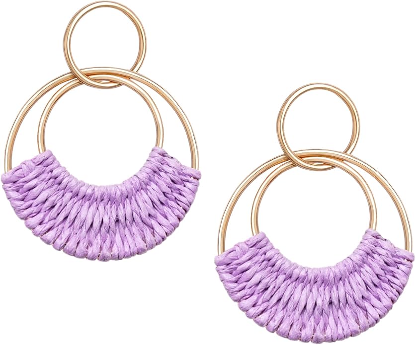 Raffia Hoop Earrings for Women Fun Boho Summer Beach Earrings Lightweight Handmade Straw Wicker Rattan Dangle Earrings Statement Geometric Round Drop Earrings
