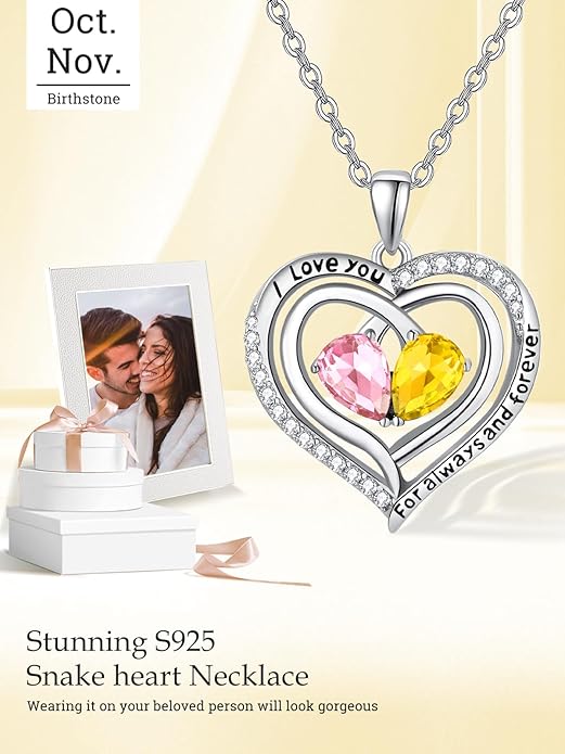 Valentine's Day Gifts for Wife 925 Sterling Silver Double Birthstone Pendant Necklaces I Love You for Always and Forever Necklace Anniversary Birthday Gifts for Wife Girlfriend Mom Her