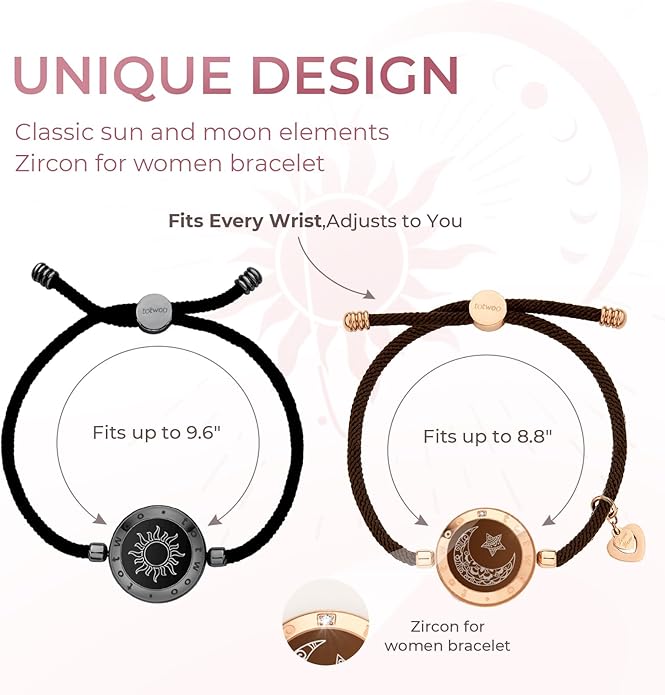 TOTWOO Long Distance Touch Bracelets for Couples, Smart Light & Vibration Love Jewelry, Long Distance Valentines Day Gifts for Him Her Women Men, One-to-One Bluetooth Pairing via App