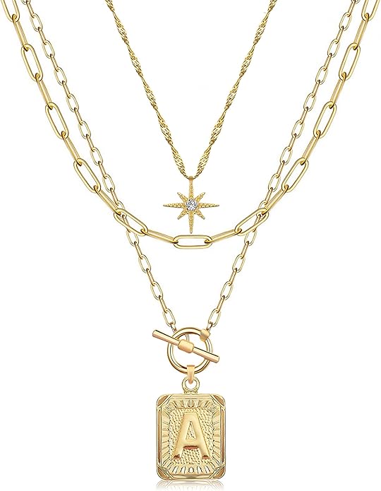 MJartoria Layered Initial Necklaces for Women Trendy, 14K Gold Plated Brass Simple Star Choker Square Letter Pendant Necklace, Paperclip Chain Necklaces Jewelry Gifts