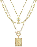 MJartoria Layered Initial Necklaces for Women Trendy, 14K Gold Plated Brass Simple Star Choker Square Letter Pendant Necklace, Paperclip Chain Necklaces Jewelry Gifts