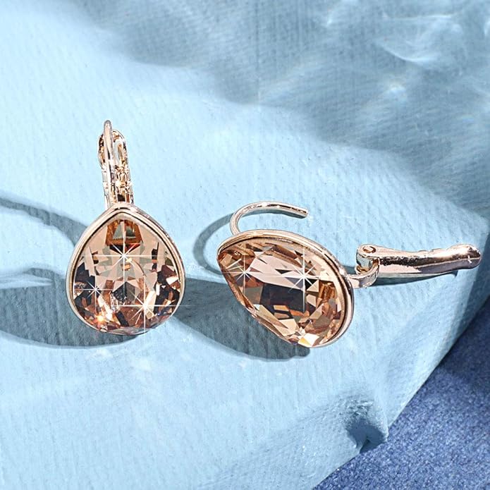 Teardrop Austrian Crystal Leverback Drop Earrings for Women 14K Rose Gold Plated Hypoallergenic Jewelry