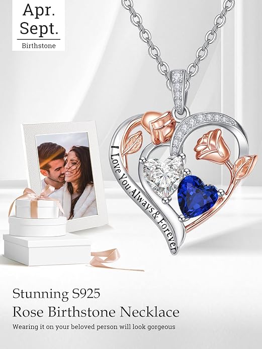 Valentine's Day Gifts for Wife 925 Sterling Silver Double Birthstone Pendant Necklaces I Love You for Always and Forever Necklace Anniversary Birthday Gifts for Wife Girlfriend Mom Her