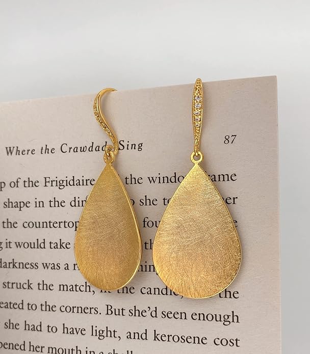 OZEL Gold Dangle Earrings for Women Brushed Finish, Matte Gold Statement Jewelry, 14k Gold Plated