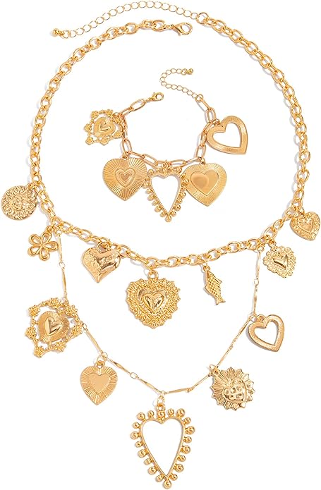 Gold Heart Chunky Charm Necklace for Women with Matching Bracelet, Healing Boho Jewelry Set, Italian Mirror-Polished Alloy, Spiritual Energy Pendant for Meditation, Growth & Inner Strength Gift