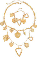 Gold Heart Chunky Charm Necklace for Women with Matching Bracelet, Healing Boho Jewelry Set, Italian Mirror-Polished Alloy, Spiritual Energy Pendant for Meditation, Growth & Inner Strength Gift