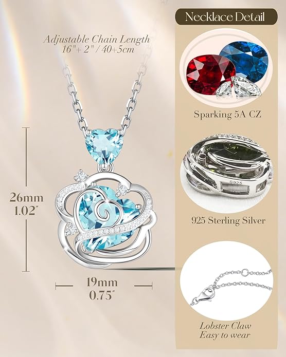 FANCIME Thornless Pulse Heart Birthstone Necklace for Women Sterling Silver Rose Pendant Fine Jewelry Gemstone Birthday Valentines Day Gifts for Wife Her