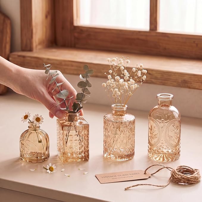 Clear Amber Gold Glass Bud Vase Set of 12 Pcs, Small Bud Vases in Bulk - Image 2