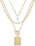 MJartoria Layered Initial Necklaces for Women Trendy, 14K Gold Plated Brass Simple Dainty Cross Choker Square Letter Pendant Necklace, Paperclip Chain Necklaces Jewelry