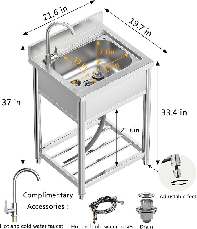 Free Standing Stainless-Steel Single Bowl Commercial Kitchen Sink w/Faucet - Image 5