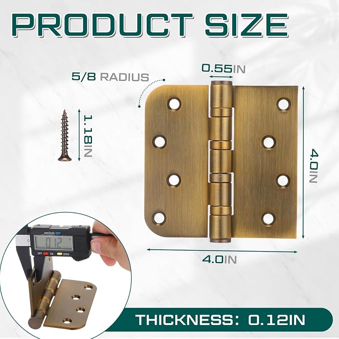 6 Pcs Brass 4'' Ball Bearing Door Hinges, Square and 5/8'' Radius Corner | - Image 2