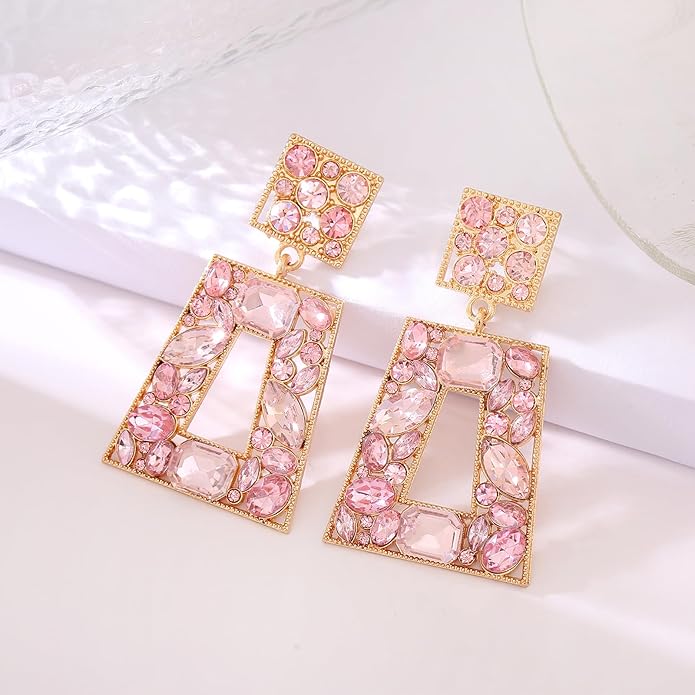 Rhinestone Rectangle Statement Earrings Colorful Crystal Geometric Drop Dangle Earrings for Women Prom Party