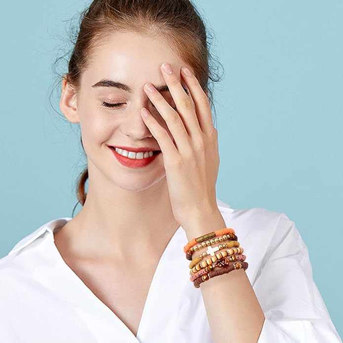 GOOJIDS Surfer Heishi Clay Bead Bracelets for Women Bohemian Stackable Gold Plated Beaded Stretch Bracelets Elastic Layering Friendship Bracelets Set Boho Jewelry
