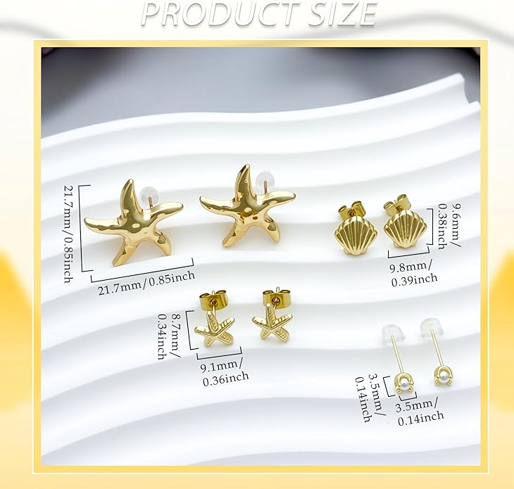 14K Gold Plated Shell Starfish Dainty Pearl Earrings for Women Trendy 4 Pairs Summer Beach Vacation Earrings for Women Ocean Jewelry Valentine's Jewelry Gifts