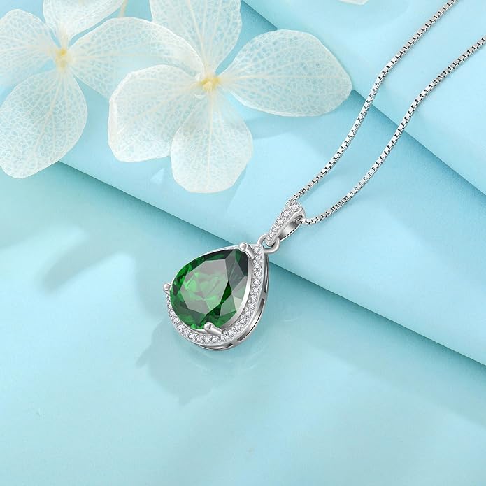 FJ Teardrop Pendant Necklace 925 Sterling Silver Birthstone Jewelry Gifts for Women