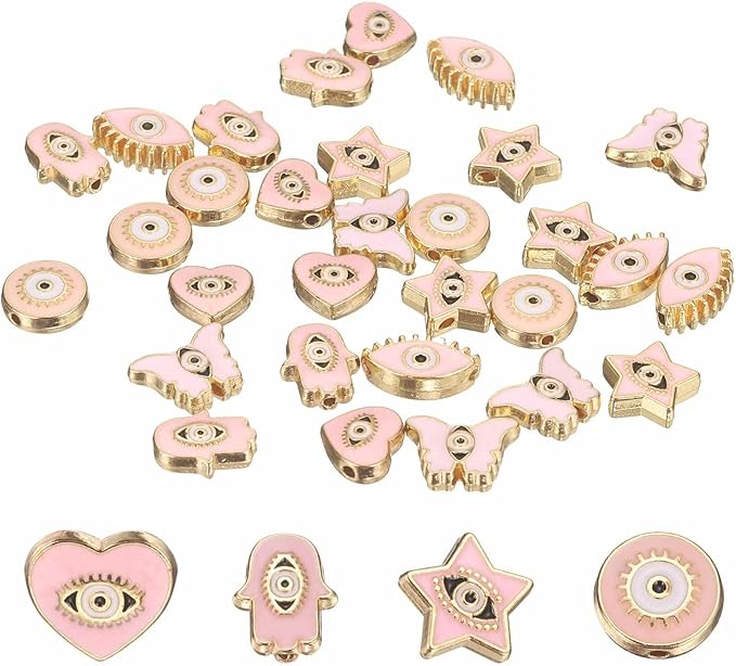 MECCANIXITY 30 Pcs Evil Eye Beads Bulk Colorful Alloy Enamel Loose Spacer Charm Beads for DIY Bracelet Earrings Necklace Crafts Jewelry Making, Pink