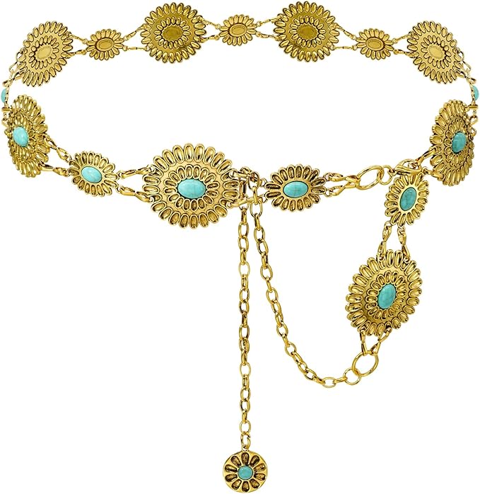 Women's Concho Chain Belt Western Cowgirl Metal Waist Chain Belt for Dress