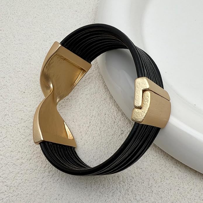 Leather Bracelet for Women Black Wrap Bangle Gold Infinity Bow-knot Bead Heart Bracelet Chunky Layered Bracelets for Women Trendy