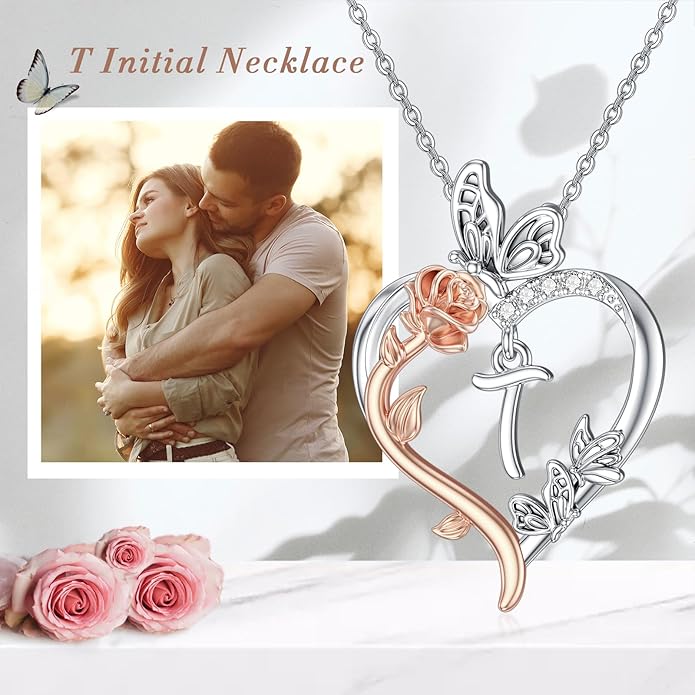 TOUPOP Rose Heart Necklaces Gifts for Women 925 Sterling Silver Butterfly Heart Initial Necklace Anniversary Valentines Day Birthday Jewelry Gifts for Mom Her Wife Girlfriend Daughter