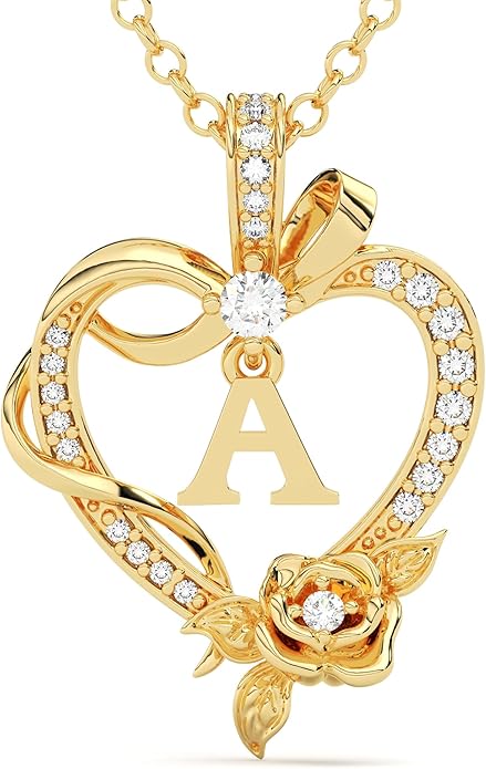 Initial Heart Necklace Gift for Women – 14K Gold Plated Rose Pendant, Personalized Letter Jewelry for Wife, Mom, Grandma, Sister – Birthday, Anniversary for Her