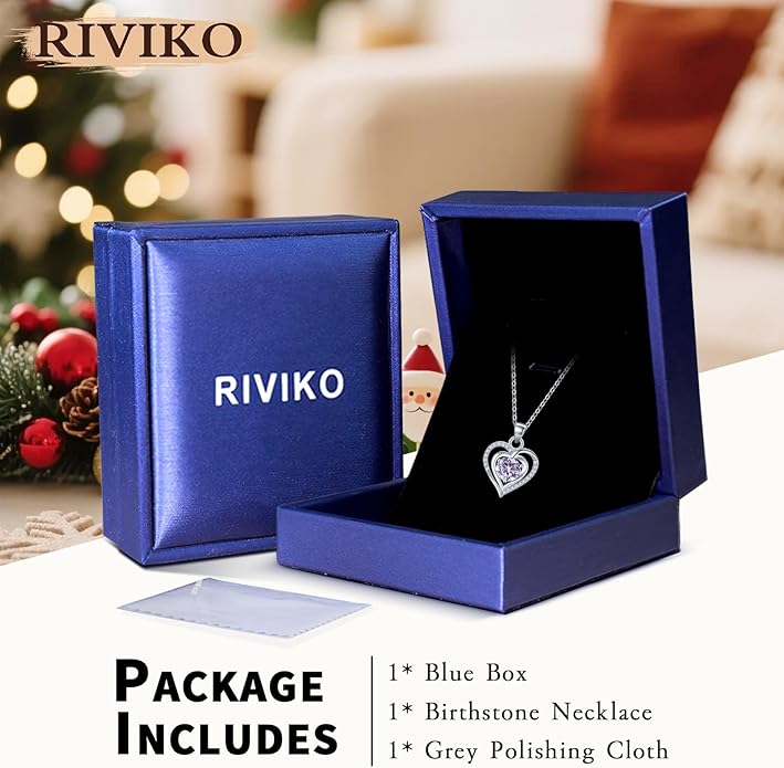 RIVIKO Heart Birthstone Pendant Necklace for Women 925 Sterling Silver Zirconia Necklaces Valentine's Day Anniversary Birthday Mothers Day Jewelry Gifts For Her Mother Wife