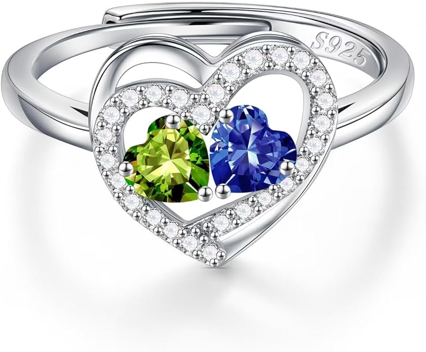 Iefil Adjustable Ring for Women - 925 Sterling Silver Double Birthstone Rings, Anniversary Birthday Gifts for Women Wife Her