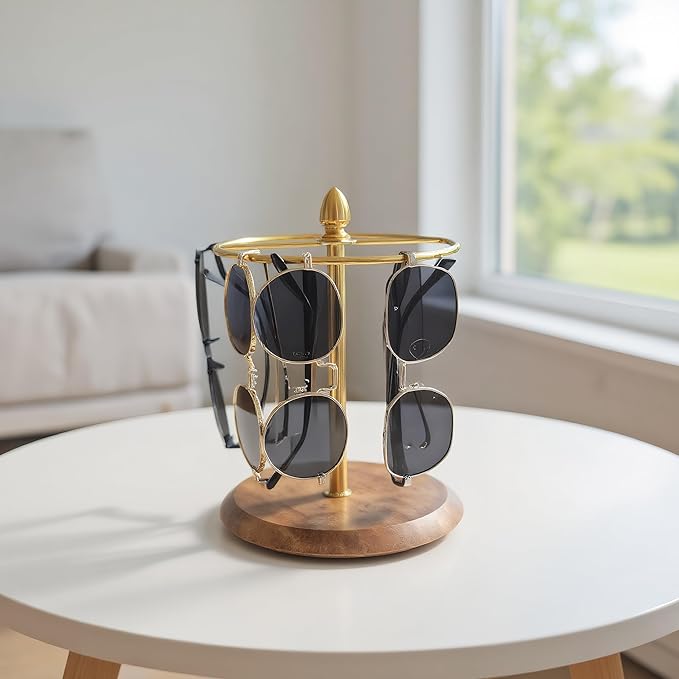 Sunglasses Organizer, Glasses Display Stand for 12 Pairs, Base Storage for Jewelry (Wood+Gold)