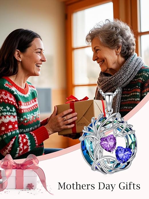 TOUPOP s925 Sterling Silver Family Celtic Tree of Life Pendant Necklaces with 2 Heart Birthstone with Blue Austrian Crystal Jewelry Birthday Valentines Day Gifts for Her, Anniversary Christmas Gifts for Wife Girlfriend Mom (18K Real White Gold Filled)