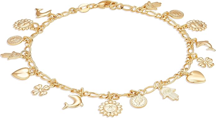 Barzel 18K Gold Plated Charm Anklet, Multi Charm Anklet for Women, 10 Inches - Made In Brazil