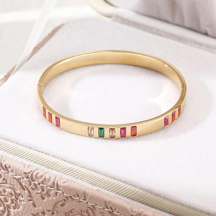 CIUNOFOR 14K Gold Plated Bangle Bracelet for Women, Colorful CZ Stone Inlay Hinged Bracelet, 7 Inch Inner Circumference, Fits 6.5–7.0 Inch Wrist, Slim Statement Jewelry