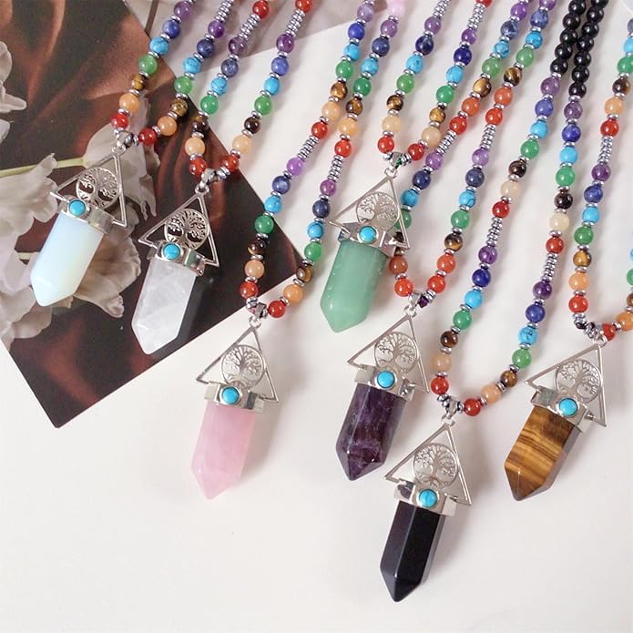 EDEN'S CALL Tree of Life 7 Chakra Stone Beads Necklace for Women and Men Hexagonal Crystal Point Pendant Necklace