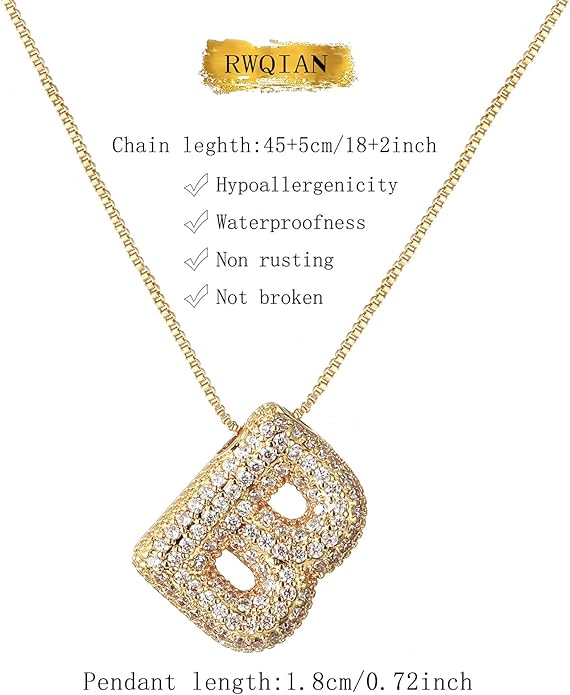 RWQIAN Letter Necklace for Women Bubble, Chunky Initial Alphabet A-Z Pendant Puffy Name Personalized Necklace Dainty Zircon CZ Fashion Jewelry Gifts for Girls Girlfriend