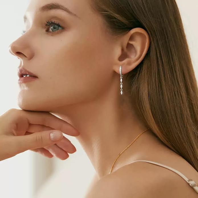 14K Gold Plated Dangle Earrings for Women Dainty Silver Drop Earring Trendy Small Long Dangling Wedding Bridesmaid Hoop Diamond Crystal Cute Earring Jewelry Valentine Gifts