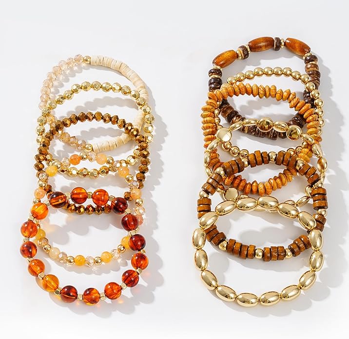 GOOJIDS Surfer Heishi Clay Bead Bracelets for Women Bohemian Stackable Gold Plated Beaded Stretch Bracelets Elastic Layering Friendship Bracelets Set Boho Jewelry