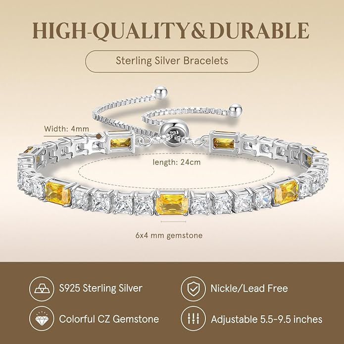 FANCIME Birthstone Bracelet for Women, Sterling Silver 4x6mm Gemstone Tennis Bracelet Bolo Adjustable Chain Fine Jewelry Birthday Gifts for Women Mom Wife Her