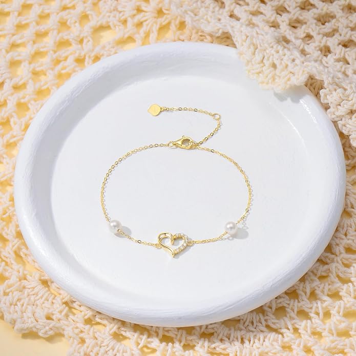 SISGEM 10k Gold 0.09 Carat Natural Diamond Heart Anklet for Women, Real Gold Pearl Jewelry Ankle Bracelets Present for Her, 9.4"-11"