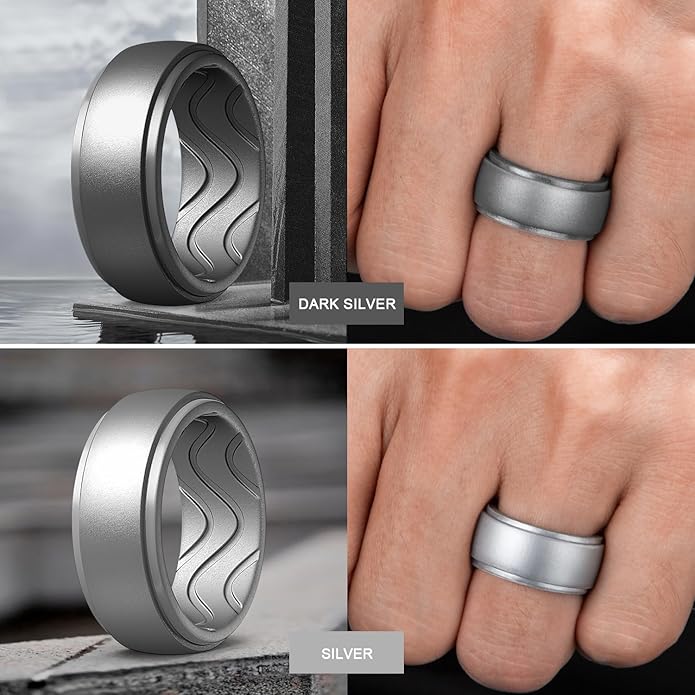 Egnaro Men's Silicone Rings 10mm Wide 2.5mm Thick, Rubber Wedding Bands with Inner Arc Ergonomic Breathable Design, 1/4/5/7 Variety Multipack