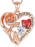 925 Sterling Silver Double Birthstone Rose Flower Heart Jewelry Necklaces for Women Anniversary Love Forever Necklaces for Her Birthday Gifts for Wife Girlfriend Mom Mothers Day Rose Gold
