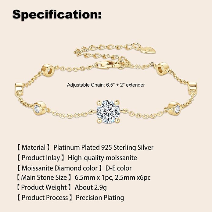 Bezel Station Link Bracelets for Women, 1.36cttw D Color Moissanite Bracelet 925 Sterling Silver for Wife or Mom, Adjustable Chain