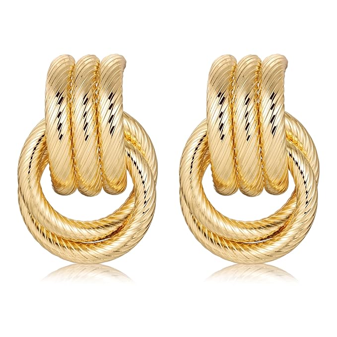 Chunky Knot Link Earrings, Circle Statement Drop Dangle Studs for Women Trendy Jewelry, L