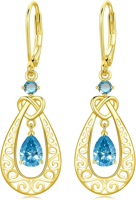 Teardrop Birthstone Dangle Drop Earrings Sterling Silver Infinity Filigree Leverback Earrings, Infinity Love Birthday Anniversary Valentines Day Gifts for Her Women Mom Wife