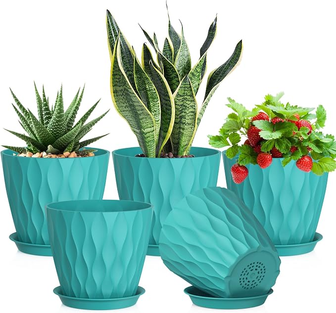 Meowell 7 inch Plant Pots for Indoor Outdoor Plants, 5 Pack Thick Flower Pots by Meowell