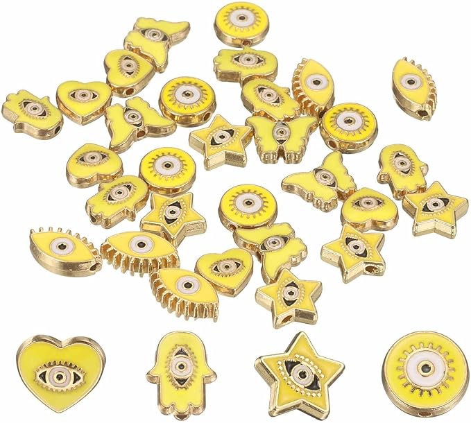 MECCANIXITY 30 Pcs Evil Eye Beads Bulk Colorful Alloy Enamel Loose Spacer Charm Beads for DIY Bracelet Earrings Necklace Crafts Jewelry Making, Yellow