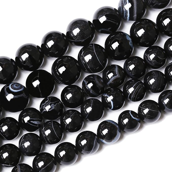 60PCS 6mm Natural Black Striped Agate Beads Gemstone Round Loose Beads for Jewelry Making DIY Bracelet Necklace 15" Inch